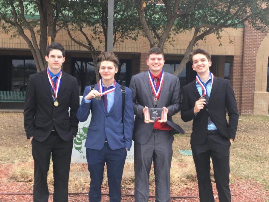 Seniors+Sam+Pierce%2C+Kaden+Taylor%2C+Tristen+Meason%2C+and+Byron+Anderson+placed+first+in+Marketing+and+are+headed+to+the+state+competition.