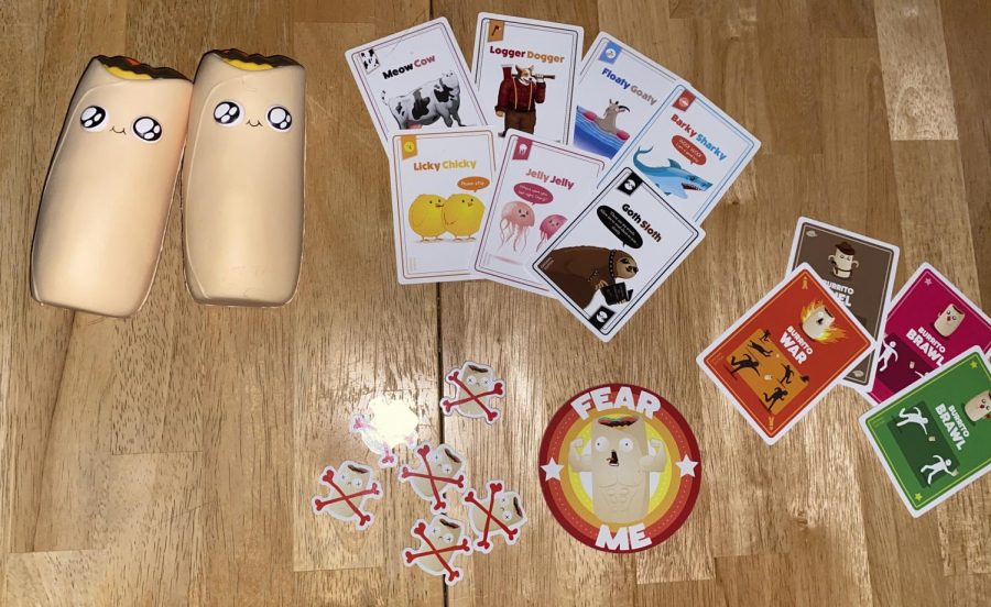 This photo shows all the game pieces a part of the card game.