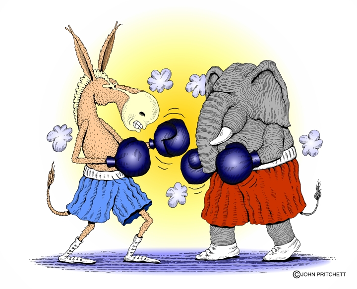 Republican elephant boxing Democrat donkey