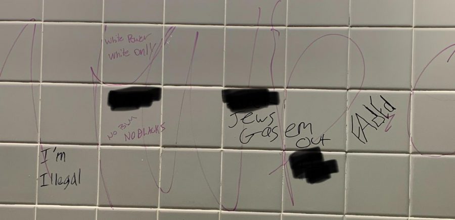 Hate speech graffiti in the C Hall boys' bathroom. Several offensive words, including the n-word, have been blacked out.