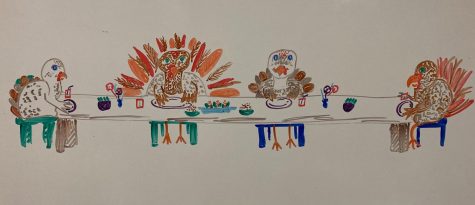 Drawing of turkeys at a Thanksgiving celebration by Arianna Pardue
