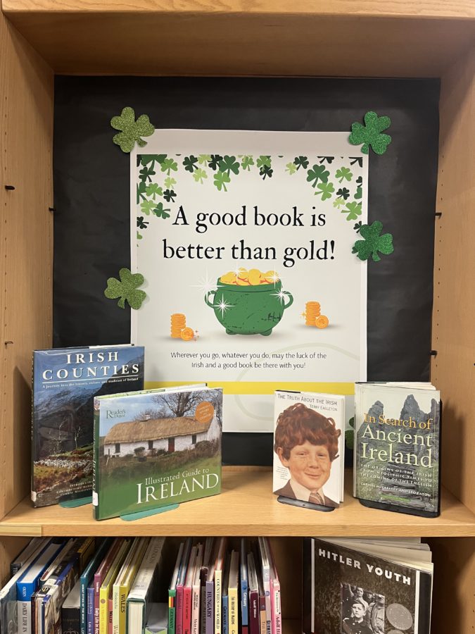Saint Patricks Day decorations in the library.