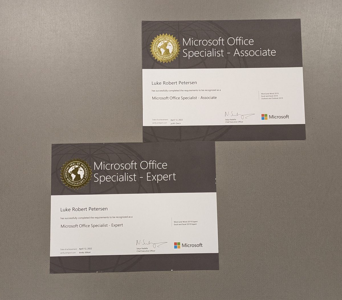 Junior Luke Perersons Microsoft Office certifications