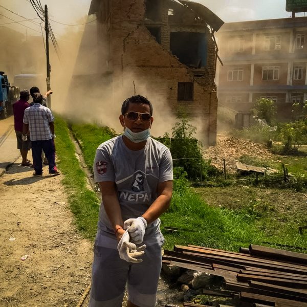 Haribol Bhandari helps with relief efforts after 2015 Nepal quake. Courtesy of Udayan Bhandari.