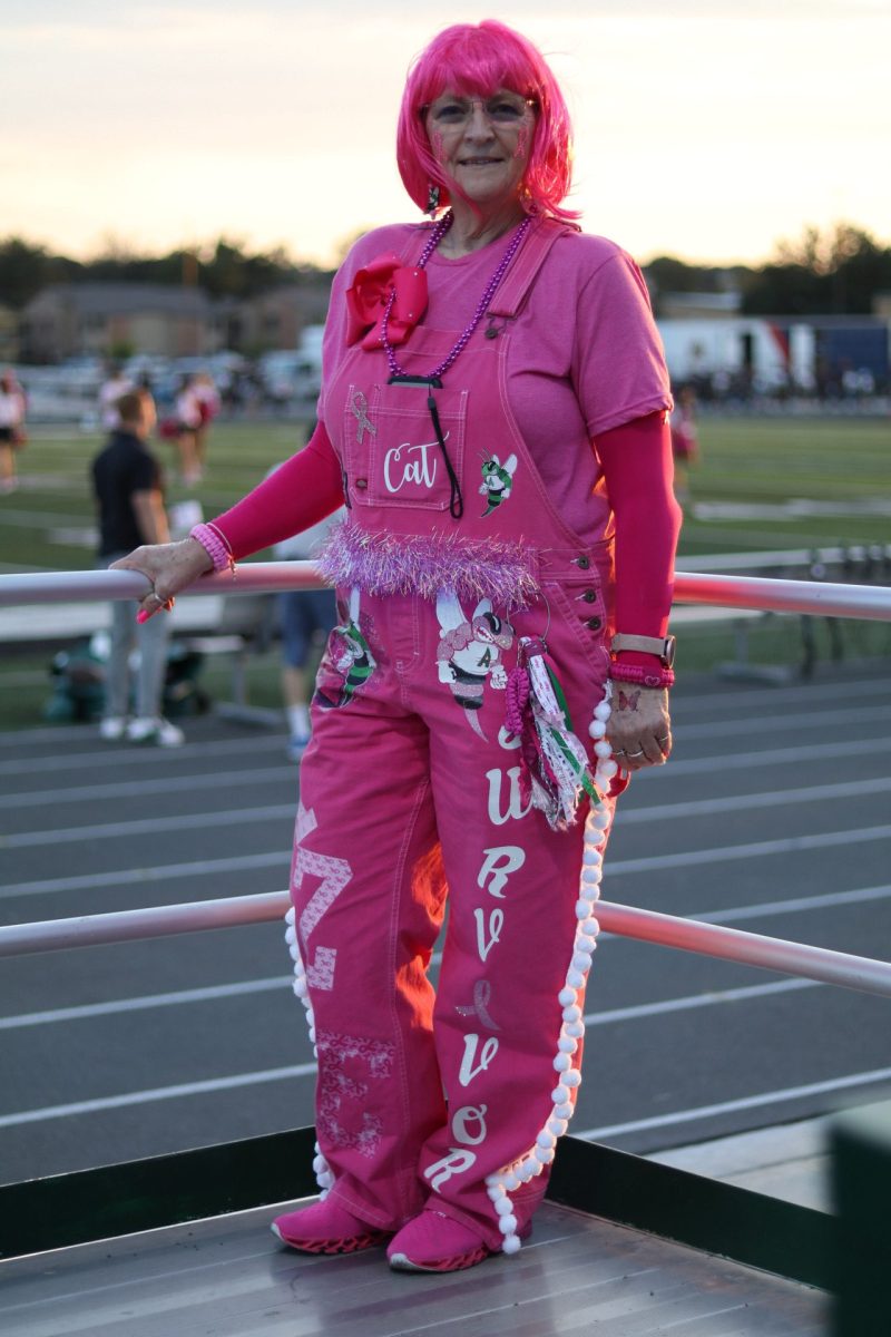 Cathy Markham, Breast Cancer Survivor and Special Education teacher decked out in pink during last year's Pink Out football game. Courtesy  of Cathy Markham.