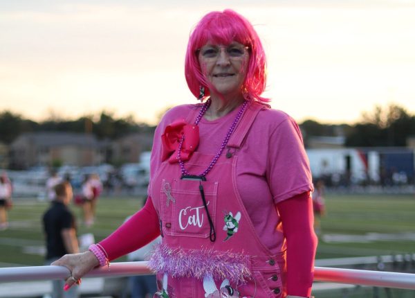 Cathy Markham, Breast Cancer Survivor and Special Education teacher decked out in pink during last year's Pink Out football game. Courtesy  of Cathy Markham.