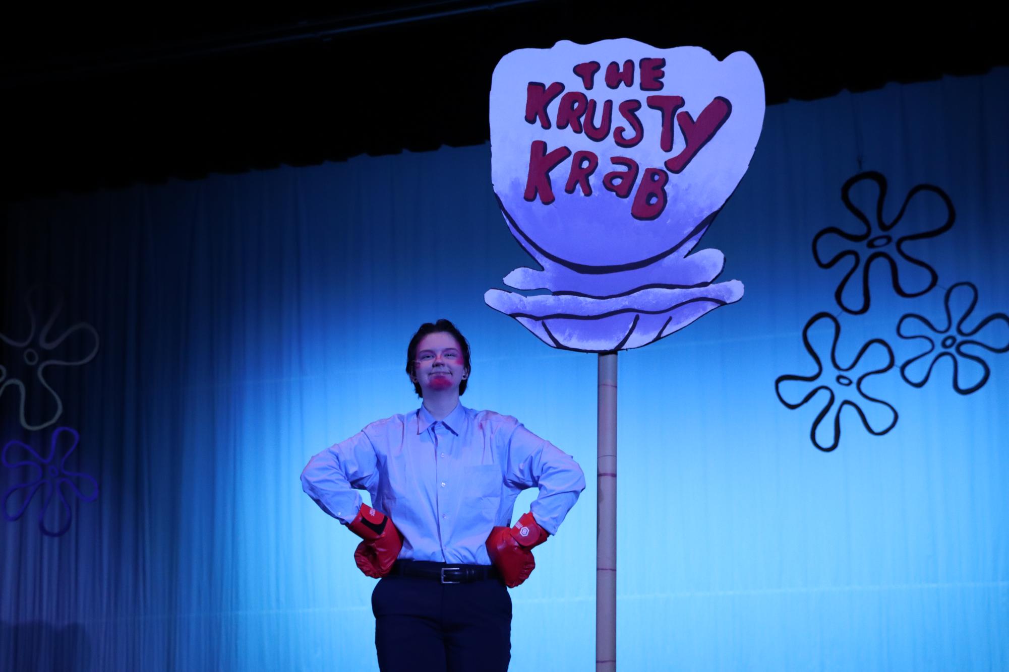 Freshman, Schilke, takes on the big role of Mr. Krabs in SpongeBob The Musical.