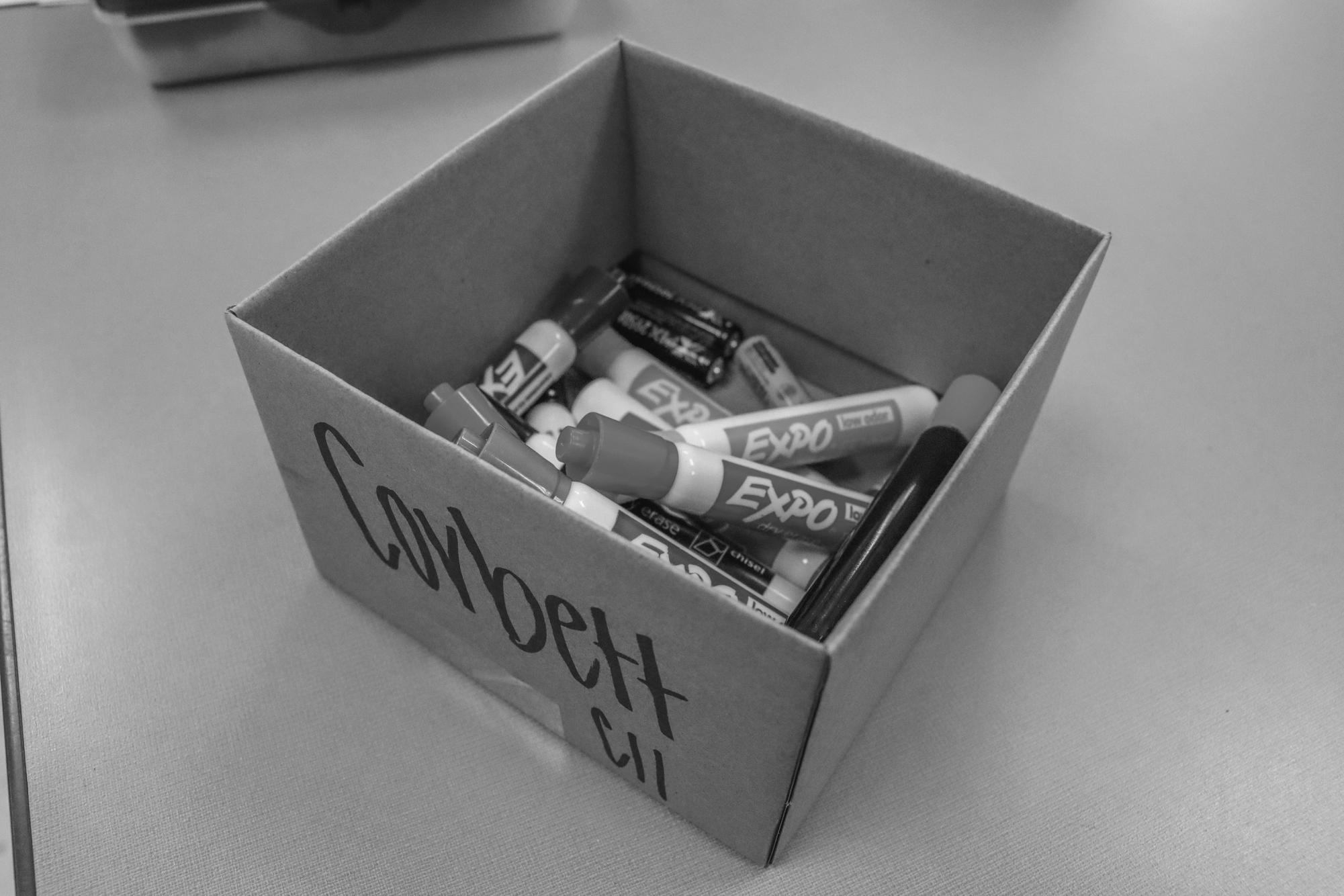 A box STUCO passed to teachers filled with old EXPO markers.